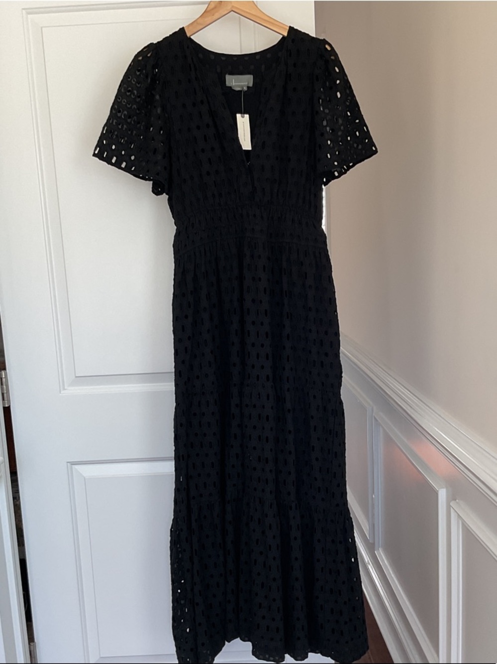 Anthropologie Black Eyelet V‑Neck Maxi Dress